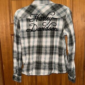 Harley-Davidson Women’s Snap button Flannel Shirt plaid blk embroidered medium
